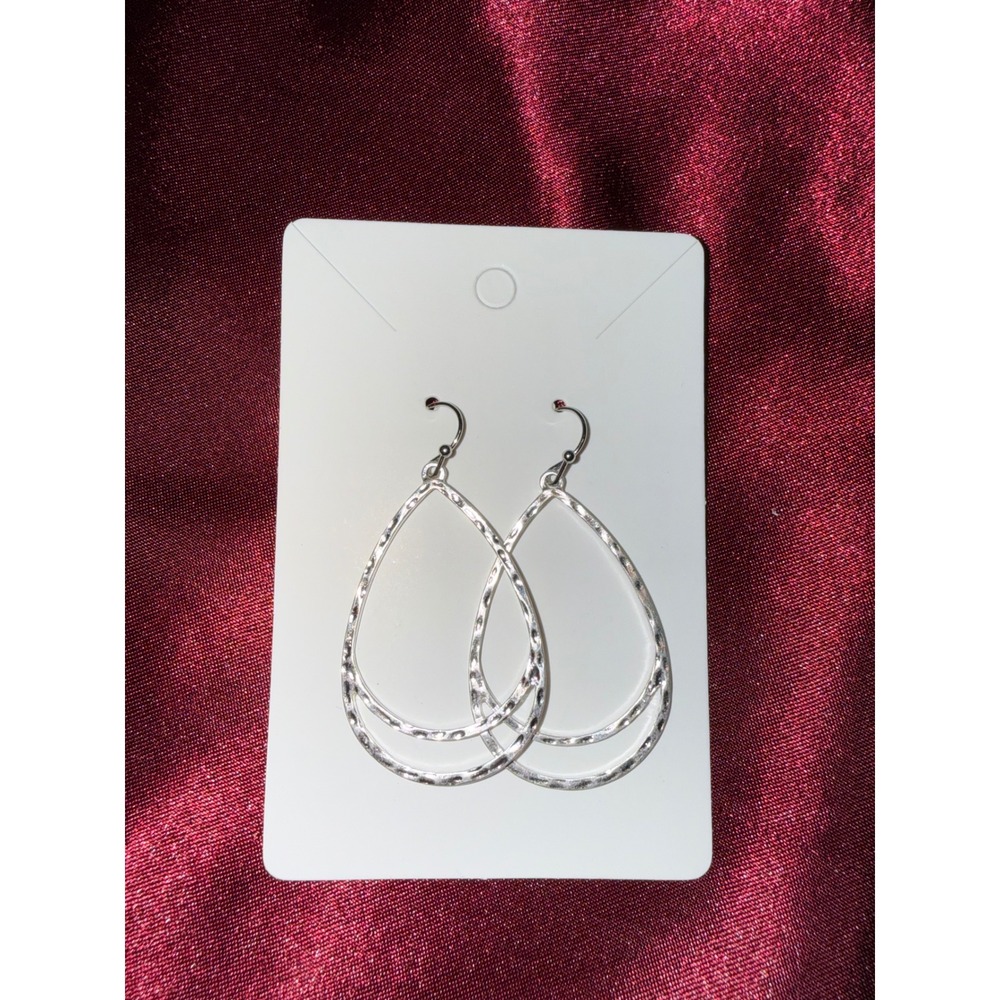 Hammered Silver Tone Double Teardrop Dangle Earrings Fishhook‎ Boho Style